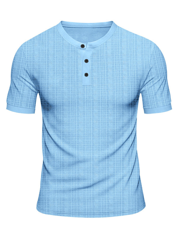 Short Sleeve Three-Button Placket Banded Collar Textured Grid Knit Casual Tee - Clear blue