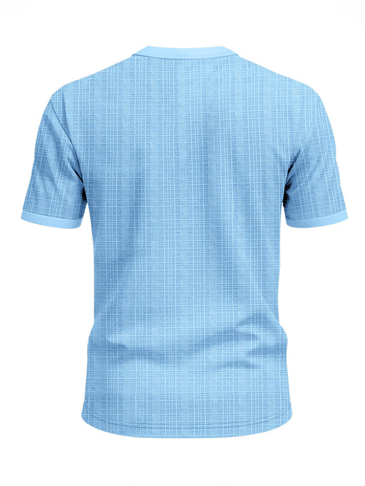 Short Sleeve Three-Button Placket Banded Collar Textured Grid Knit Casual Tee - Clear blue