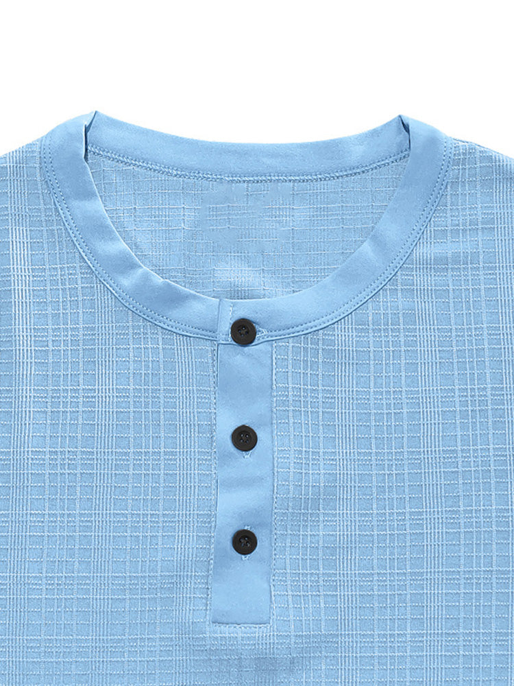 Short Sleeve Three-Button Placket Banded Collar Textured Grid Knit Casual Tee - Clear blue