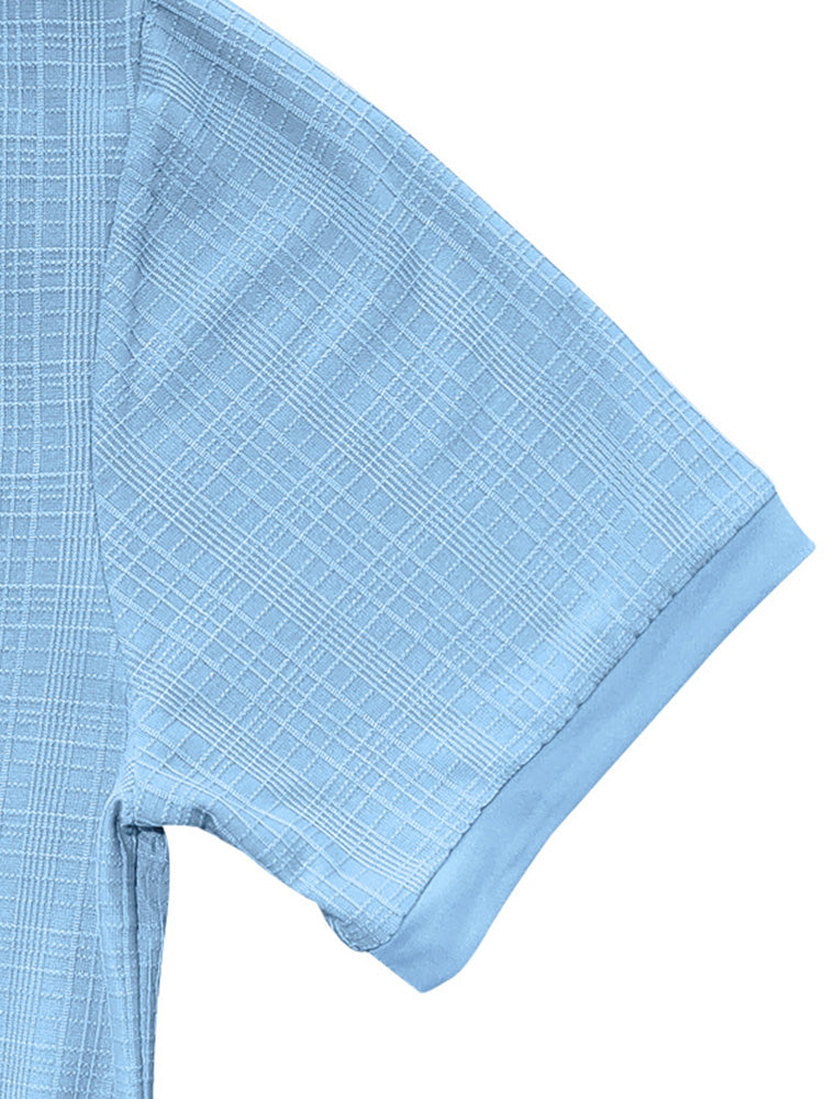 Short Sleeve Three-Button Placket Banded Collar Textured Grid Knit Casual Tee - Clear blue