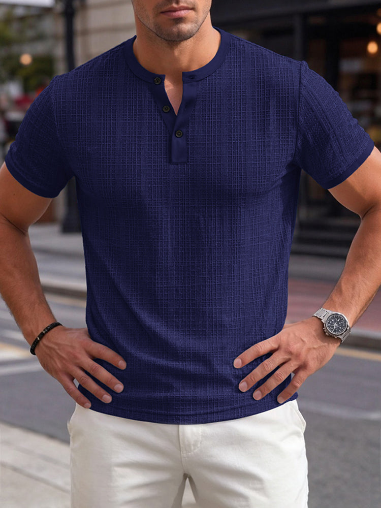 Short Sleeve Three-Button Placket Banded Collar Textured Grid Knit Casual Tee - Navy blue