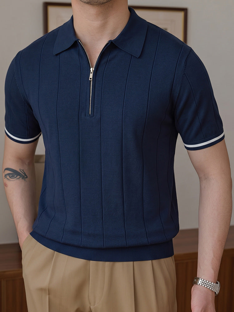 Cool-Touch Cotton Knit Vertical Stripe Short Sleeve - Navy blue