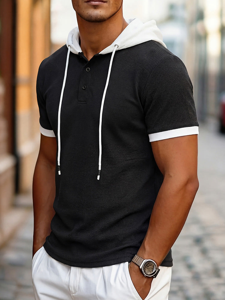 Short Sleeve Contrast Waffle Knit Casual Drawstring Tee - Black