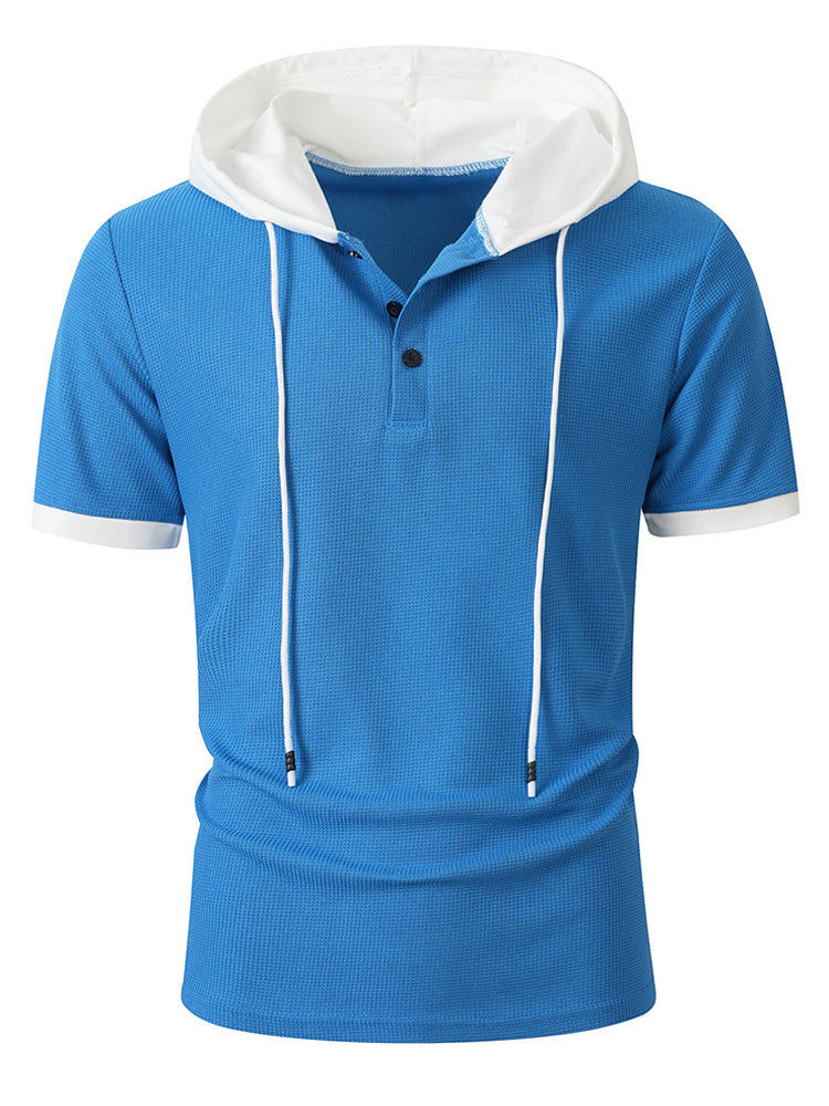 Short Sleeve Contrast Waffle Knit Casual Drawstring Tee - Blue