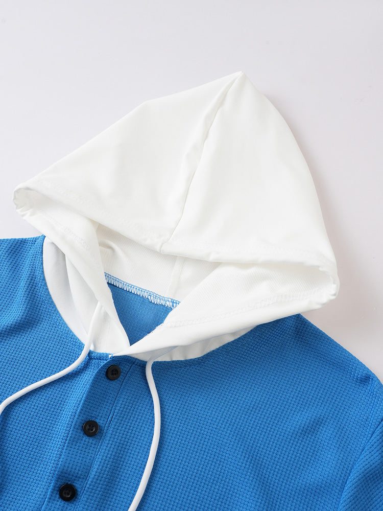 Short Sleeve Contrast Waffle Knit Casual Drawstring Tee - Blue