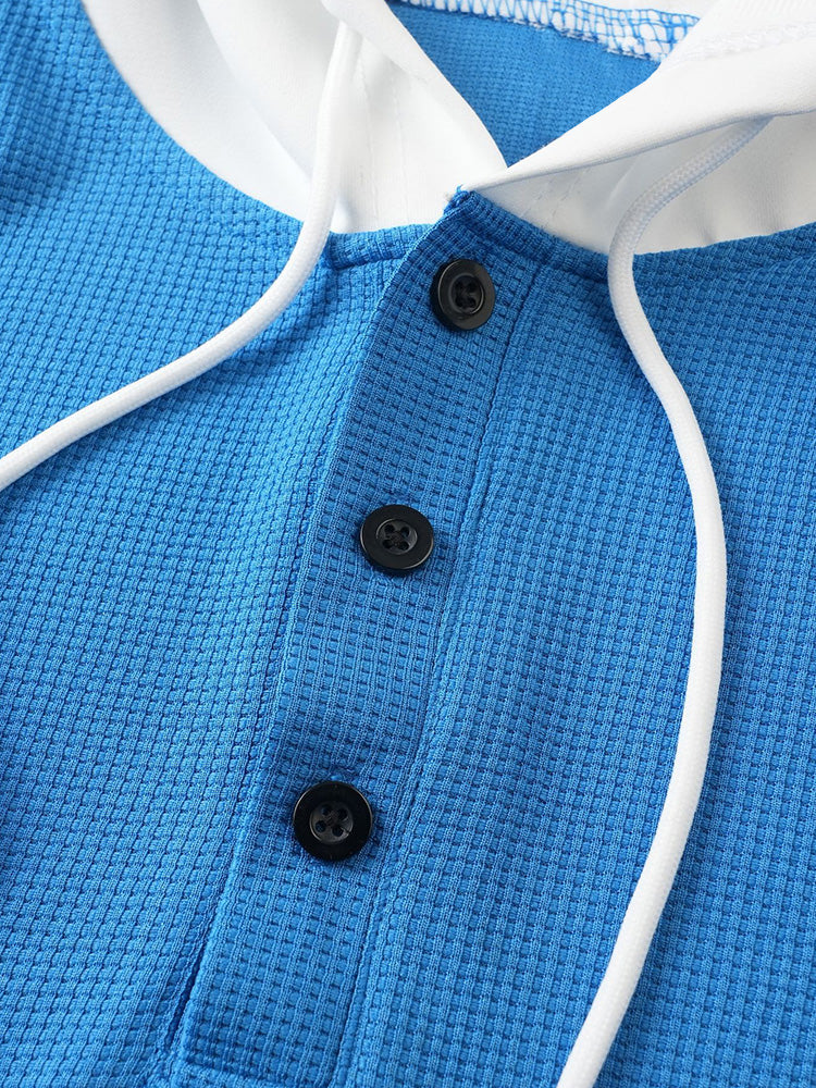 Short Sleeve Contrast Waffle Knit Casual Drawstring Tee - Blue