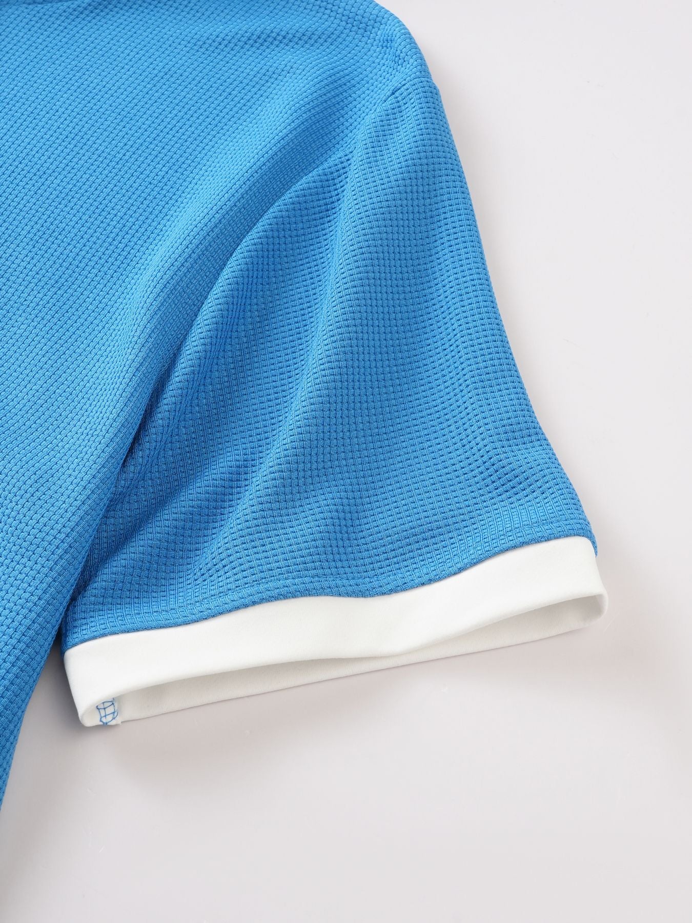 Short Sleeve Contrast Waffle Knit Casual Drawstring Tee - Blue