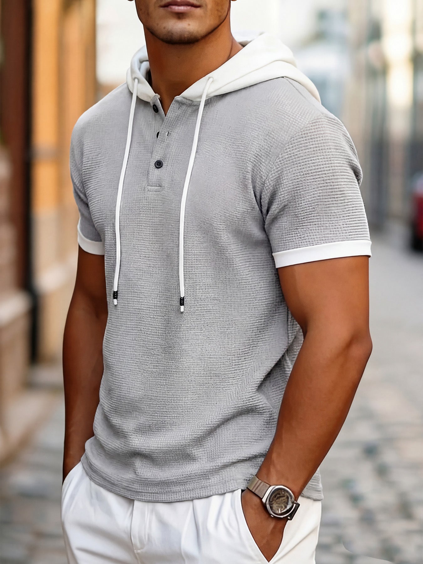 Short Sleeve Contrast Waffle Knit Casual Drawstring Tee - Grey
