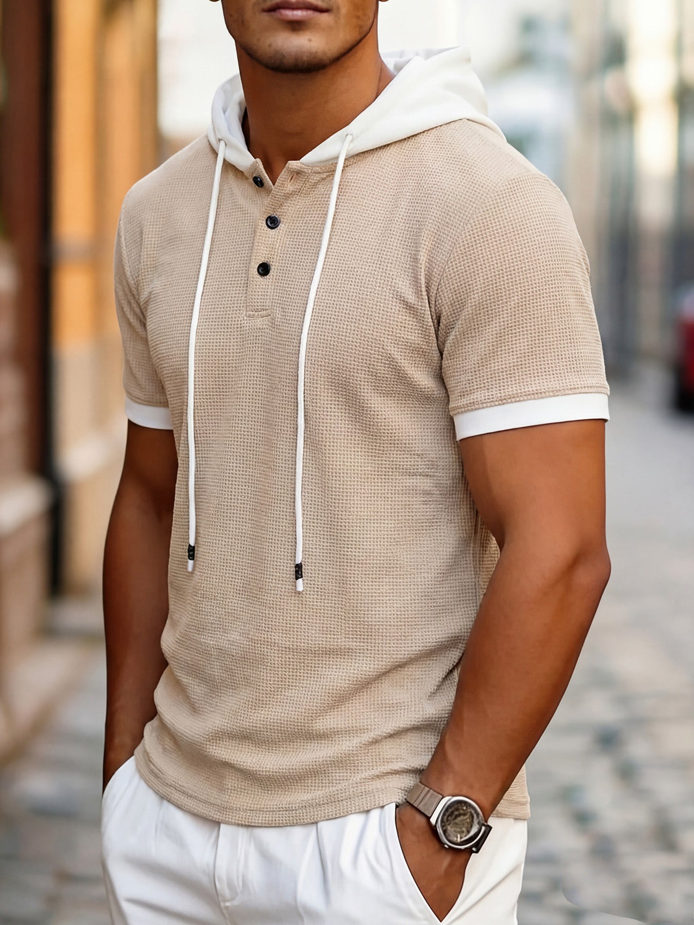 Short Sleeve Contrast Waffle Knit Casual Drawstring Tee - Khaki