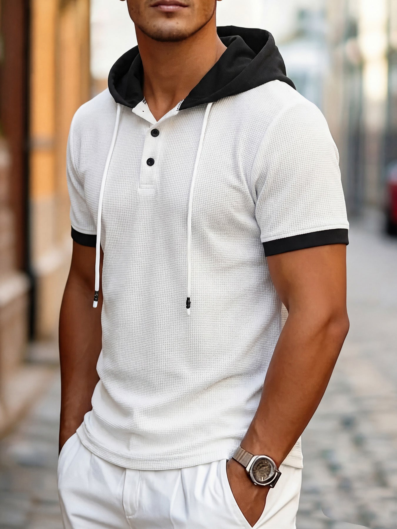 Short Sleeve Contrast Waffle Knit Casual Drawstring Tee - White