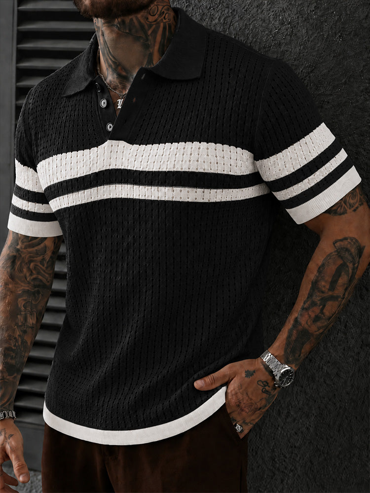 Openwork Mesh Button Collared Casual Polo Shirt - Black