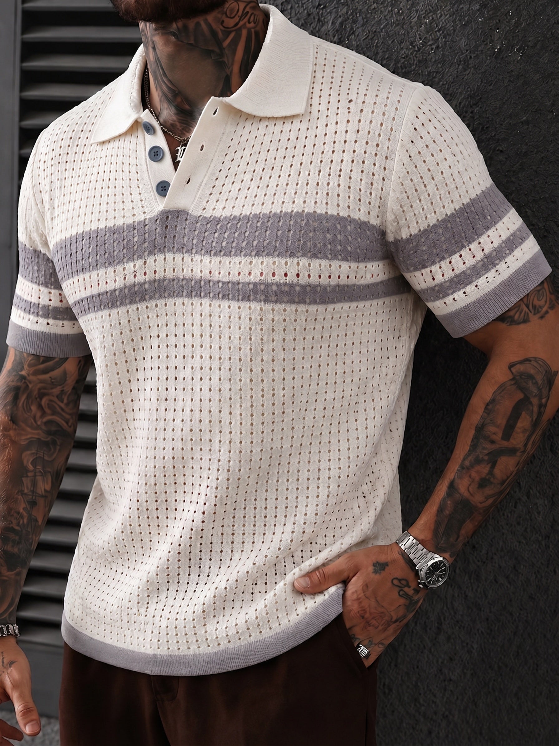 Openwork Mesh Button Collared Casual Polo Shirt - Coffee