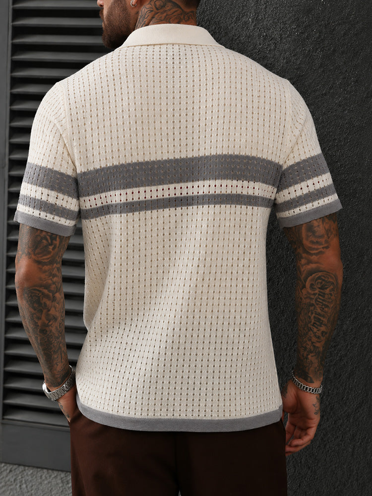 Openwork Mesh Button Collared Casual Polo Shirt - Coffee