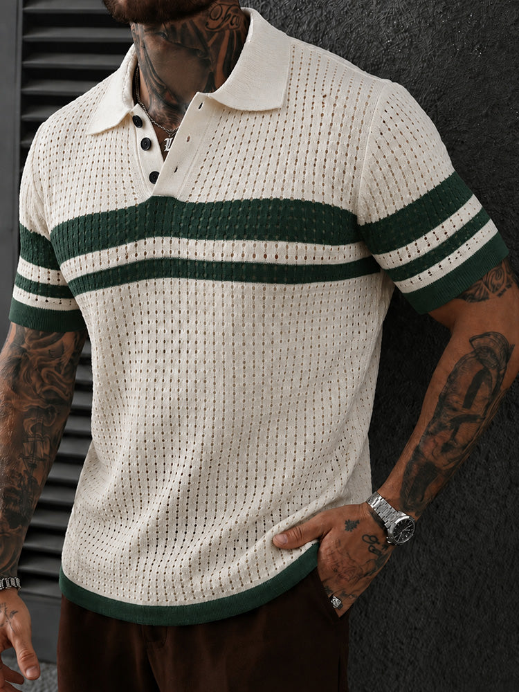 Openwork Mesh Button Collared Casual Polo Shirt - Green