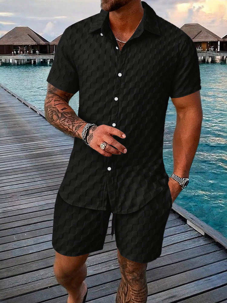 Men's Bubble Jacquard 2-Piece Shirt & Shorts Set - Black