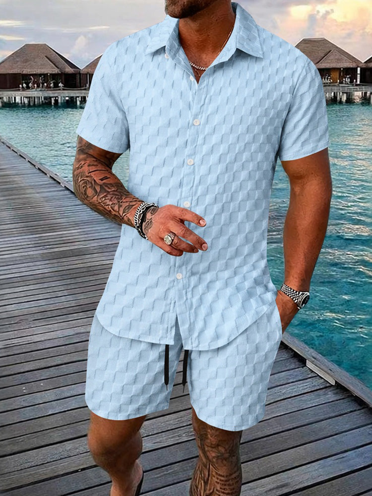Men's Bubble Jacquard 2-Piece Shirt & Shorts Set - Clear blue