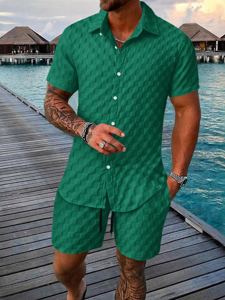 Men's Bubble Jacquard 2-Piece Shirt & Shorts Set - Green