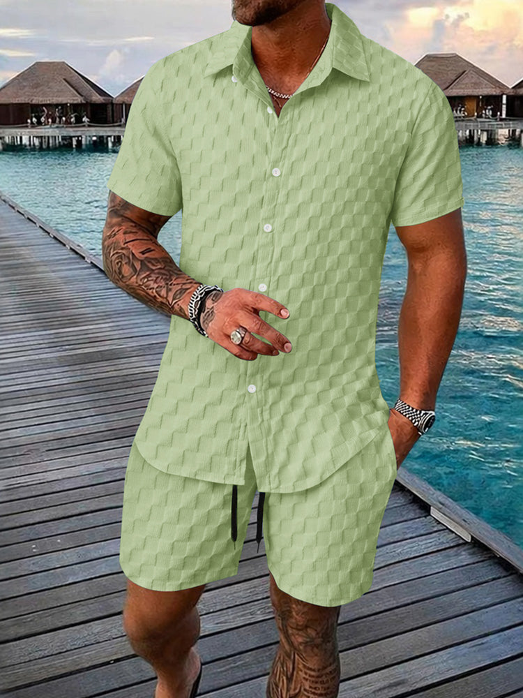 Men's Bubble Jacquard 2-Piece Shirt & Shorts Set - Yellow-green