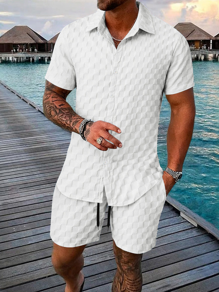 Men's Bubble Jacquard 2-Piece Shirt & Shorts Set - White