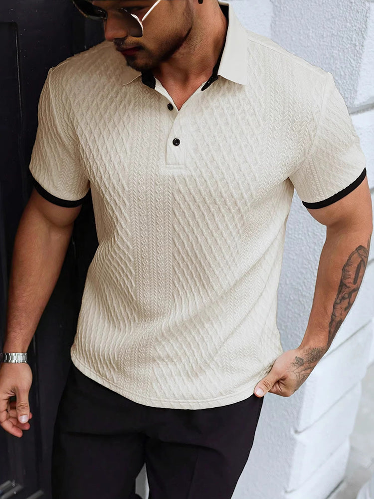 Contrast Trim Cool-Touch Cotton Knit Short Sleeve - Apricot