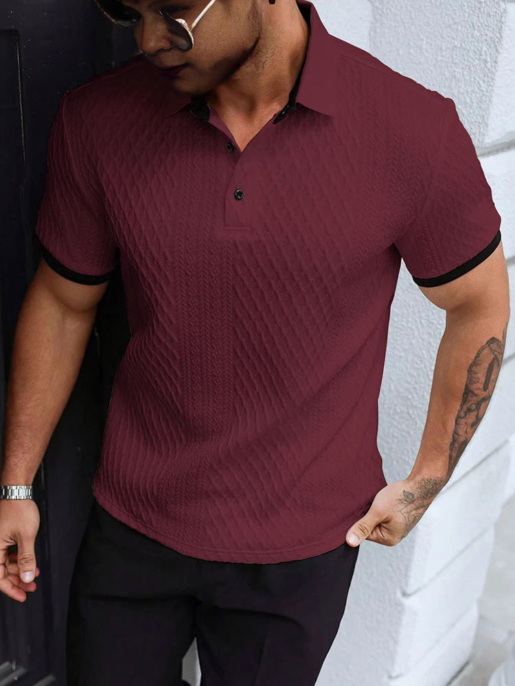 Contrast Trim Cool-Touch Cotton Knit Short Sleeve - Wine red