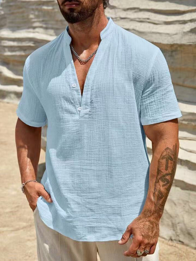 Washed Crinkle Textured Casual Beach Tee - Light blue