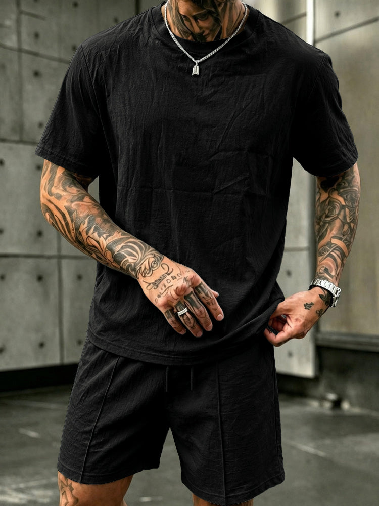 Washed Cotton 2-Piece T-Shirt & Shorts Set - Black
