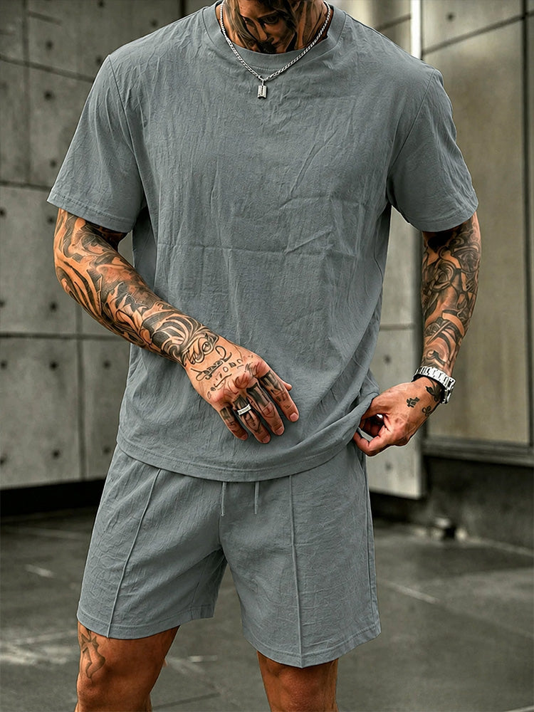 Washed Cotton 2-Piece T-Shirt & Shorts Set - Dark gray