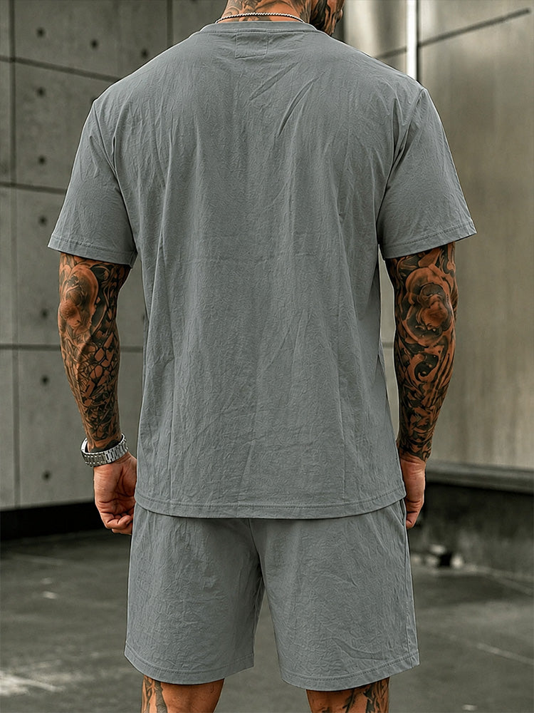 Washed Cotton 2-Piece T-Shirt & Shorts Set - Dark gray