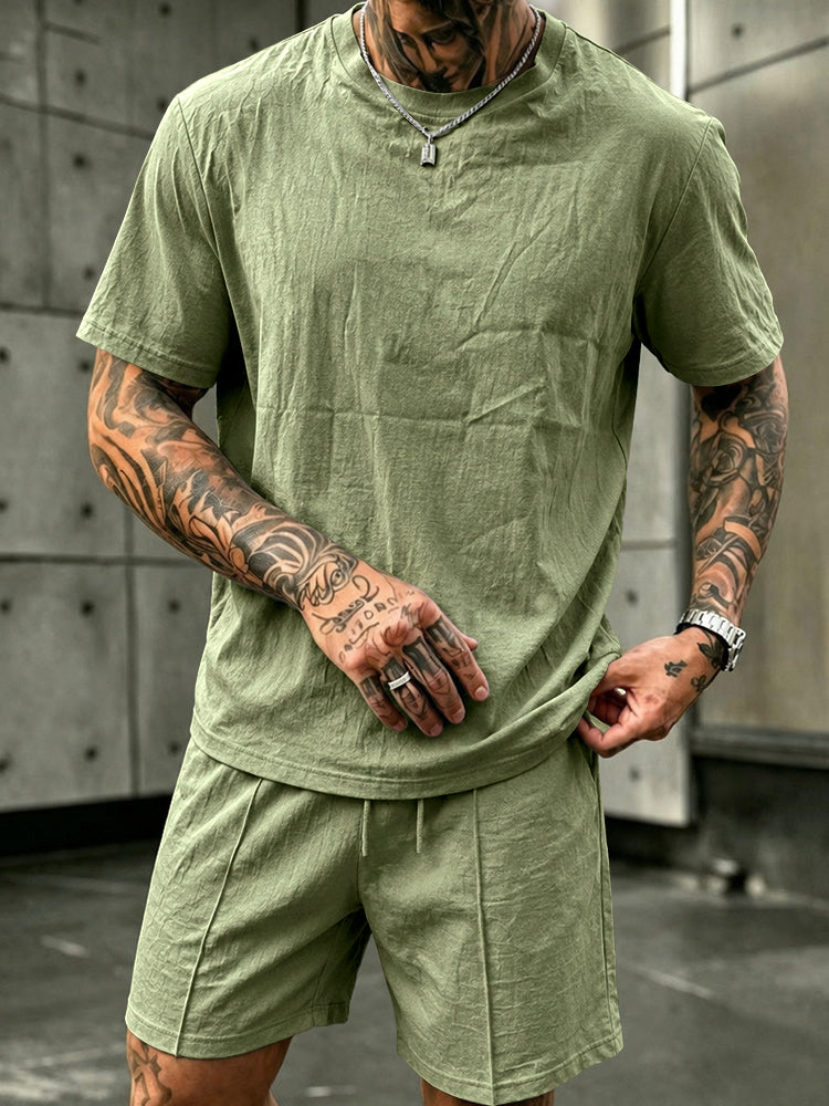 Washed Cotton 2-Piece T-Shirt & Shorts Set - Green