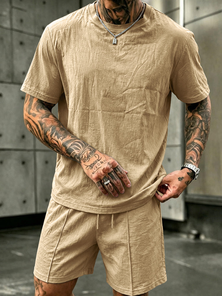 Washed Cotton 2-Piece T-Shirt & Shorts Set - Khaki