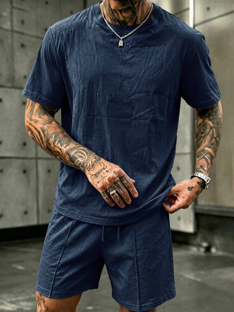 Washed Cotton 2-Piece T-Shirt & Shorts Set - Navy blue