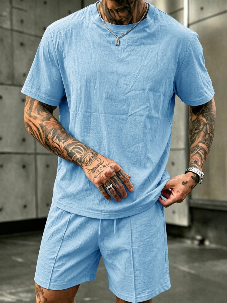 Washed Cotton 2-Piece T-Shirt & Shorts Set - Sky blue