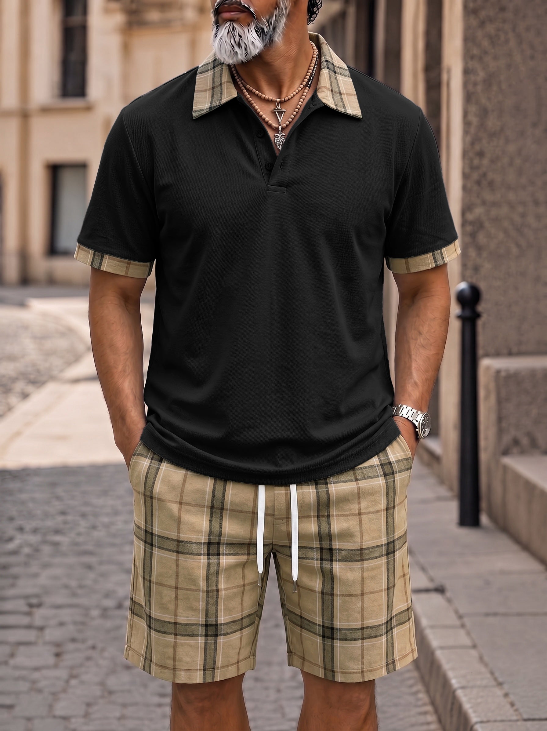 Men's Contrast Collar Plaid Polo Shorts Set - Black