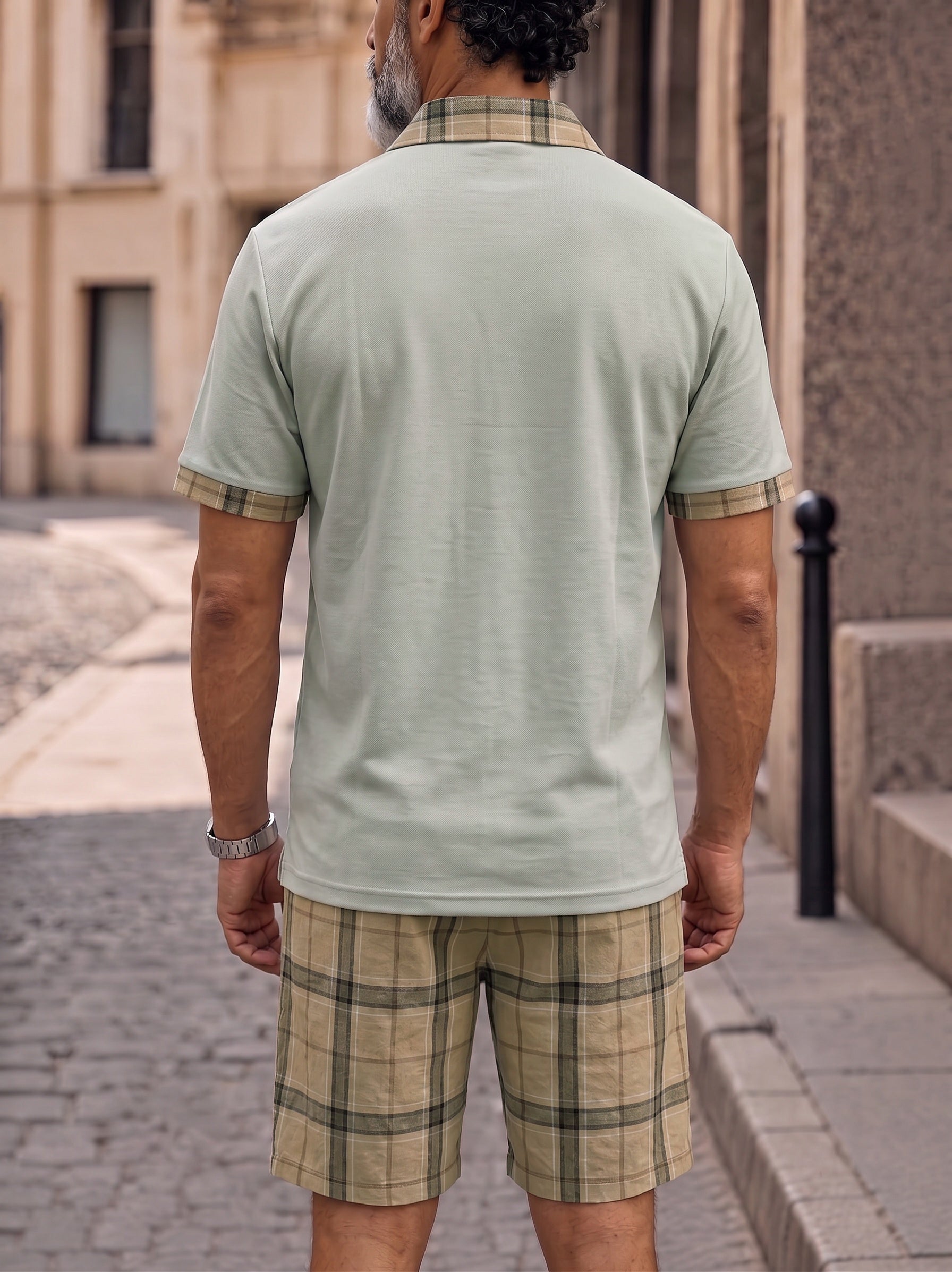 Men's Contrast Collar Plaid Polo Shorts Set - Gray