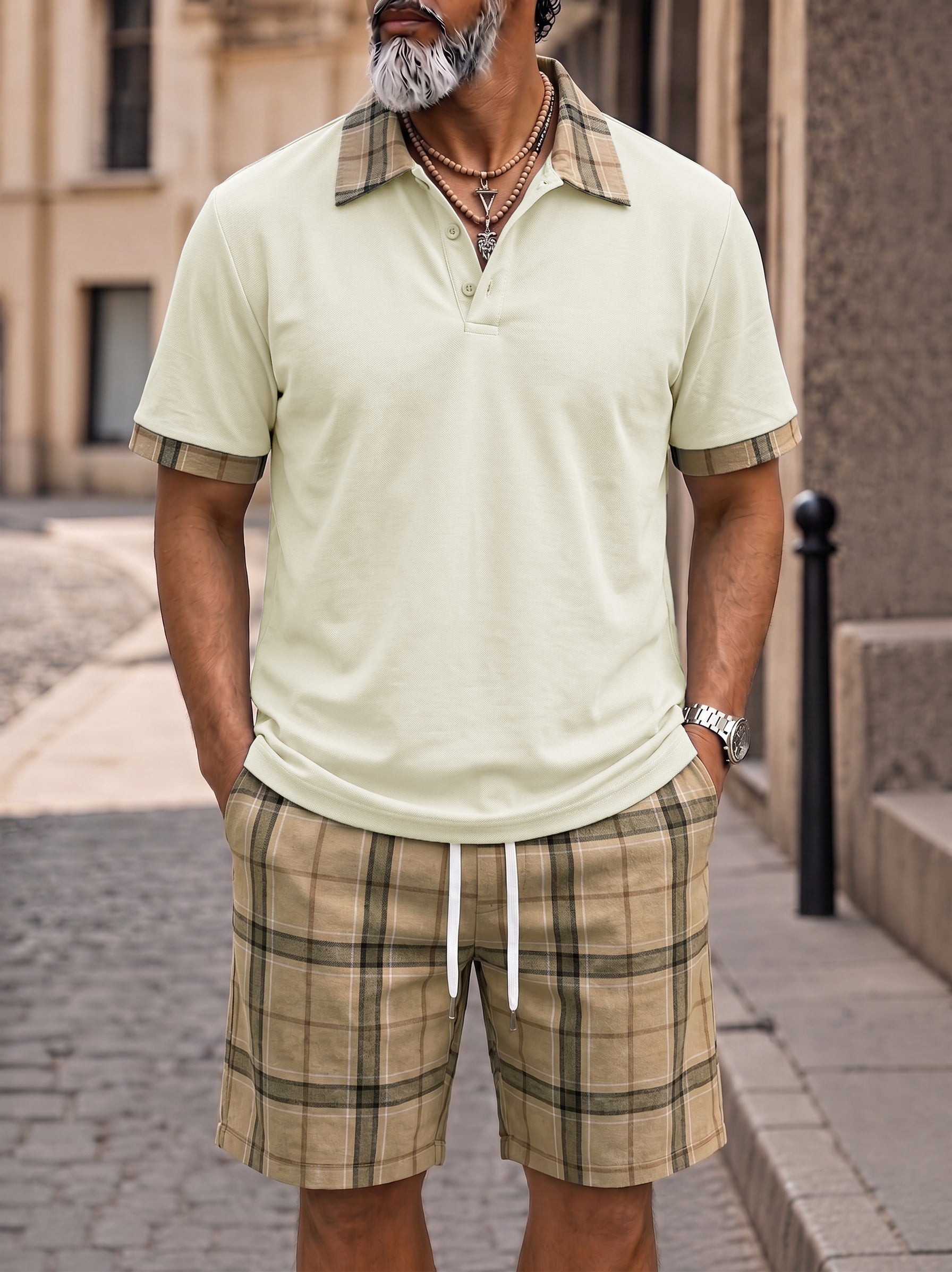 Men's Contrast Collar Plaid Polo Shorts Set - Khaki
