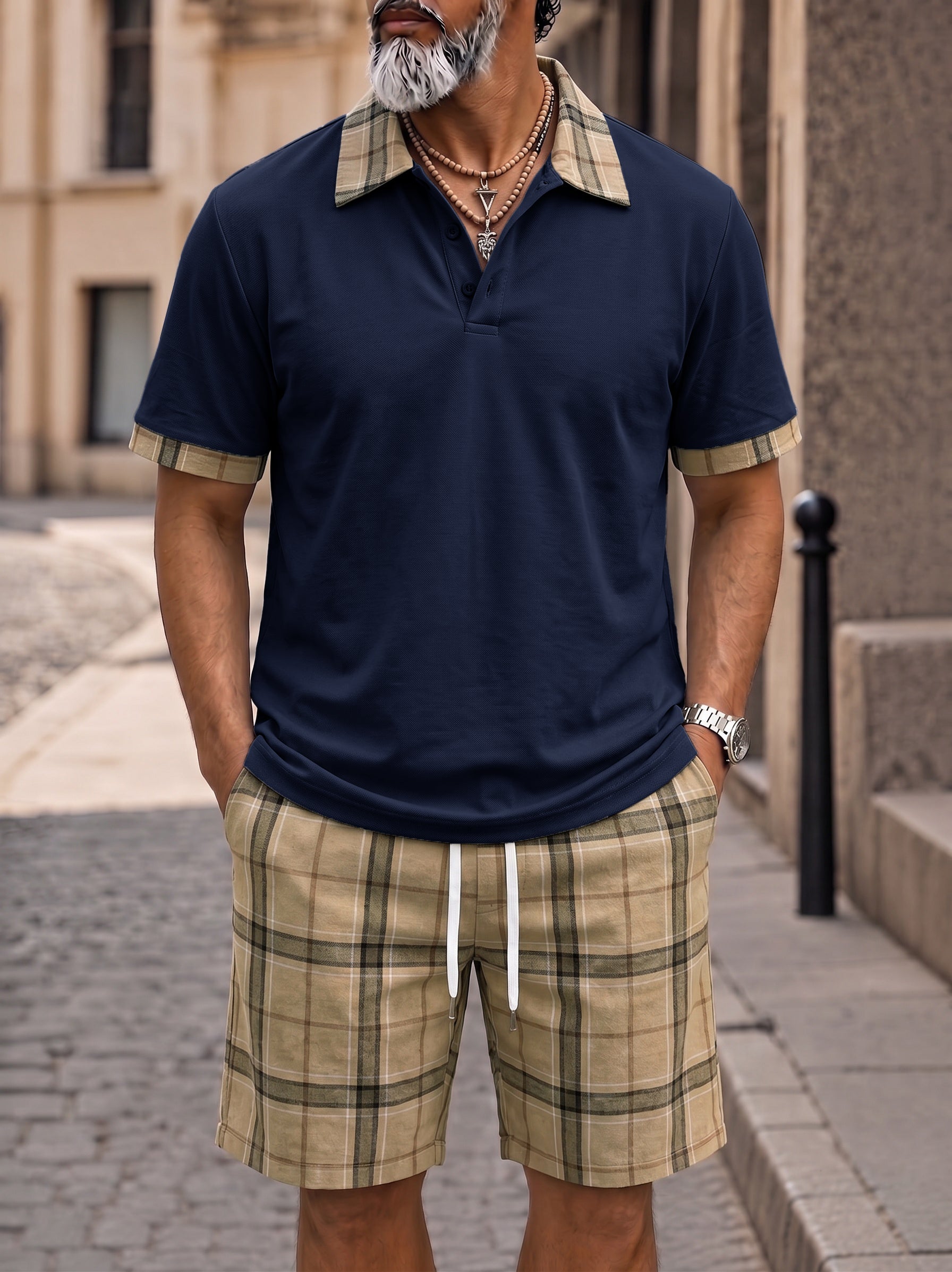 Men's Contrast Collar Plaid Polo Shorts Set - Navy blue