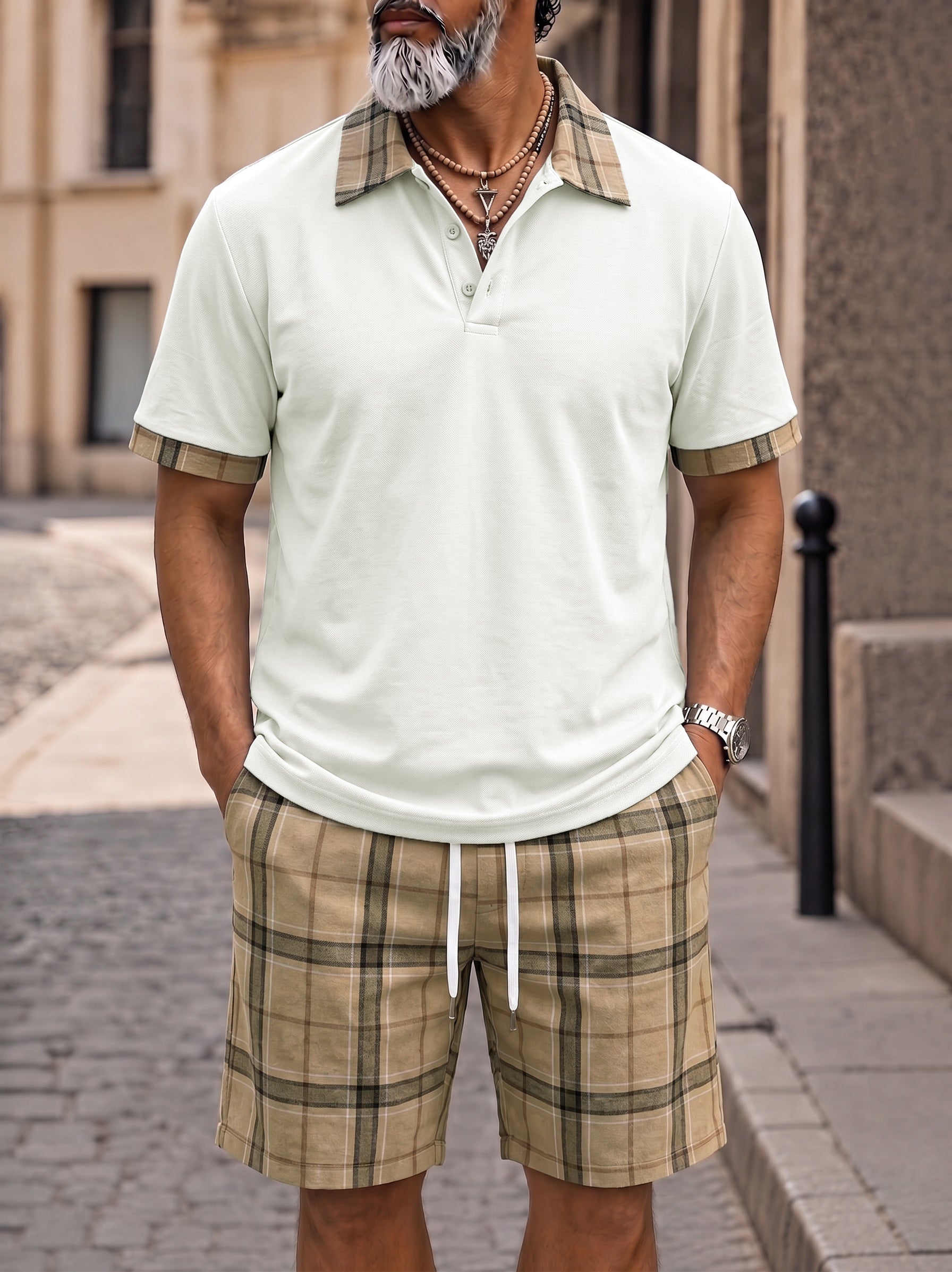 Men's Contrast Collar Plaid Polo Shorts Set - White