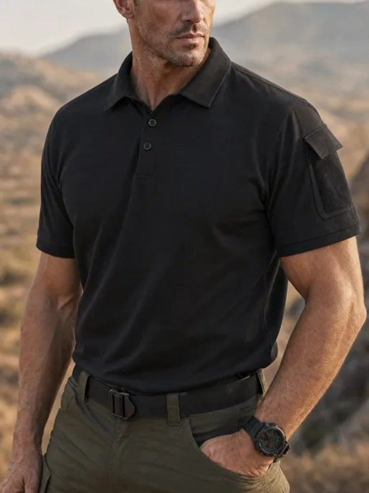 Standard Collar Stretch Woven Casual Outdoor Polo Shirt - Black