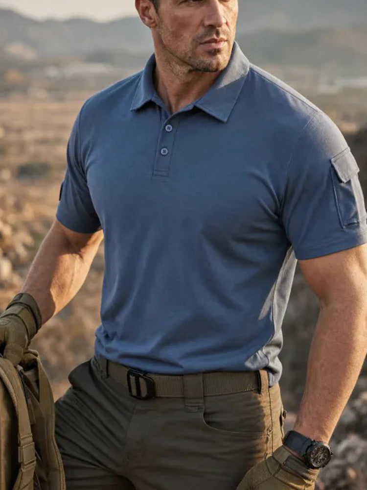 Standard Collar Stretch Woven Casual Outdoor Polo Shirt - Blue