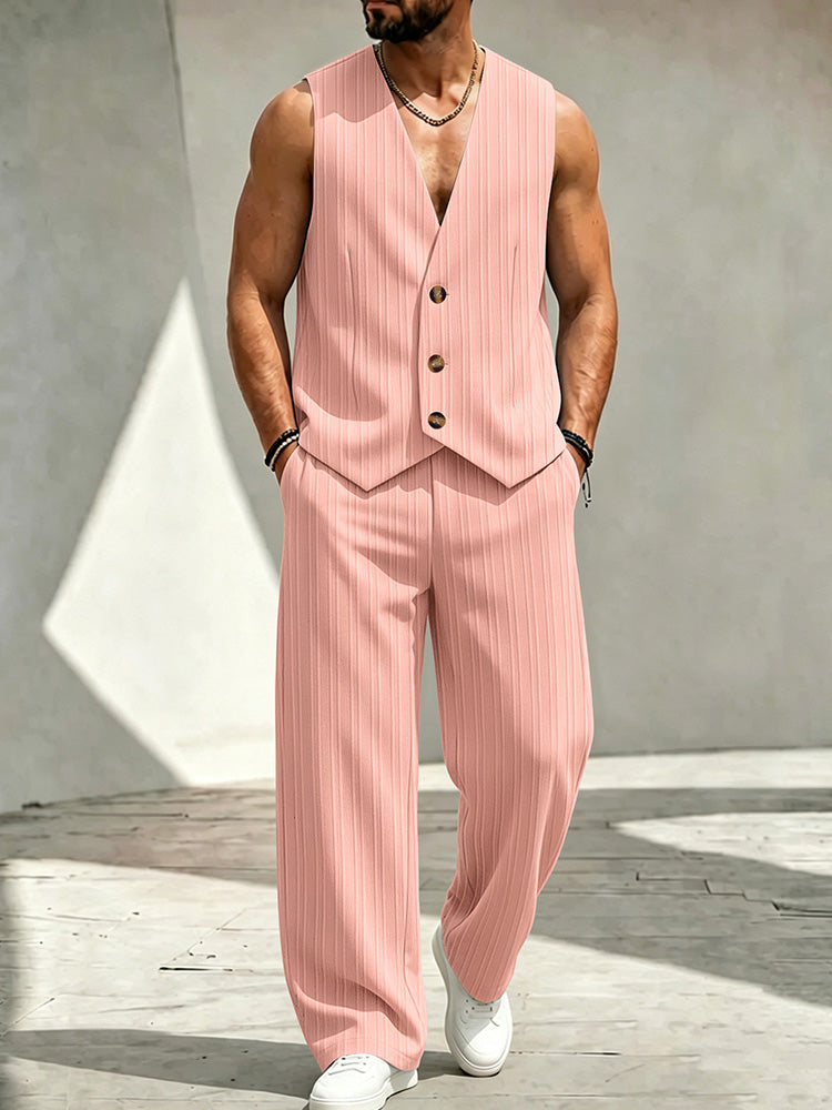 Men's V-Neck Three-Button Suit Vest Set - Pink