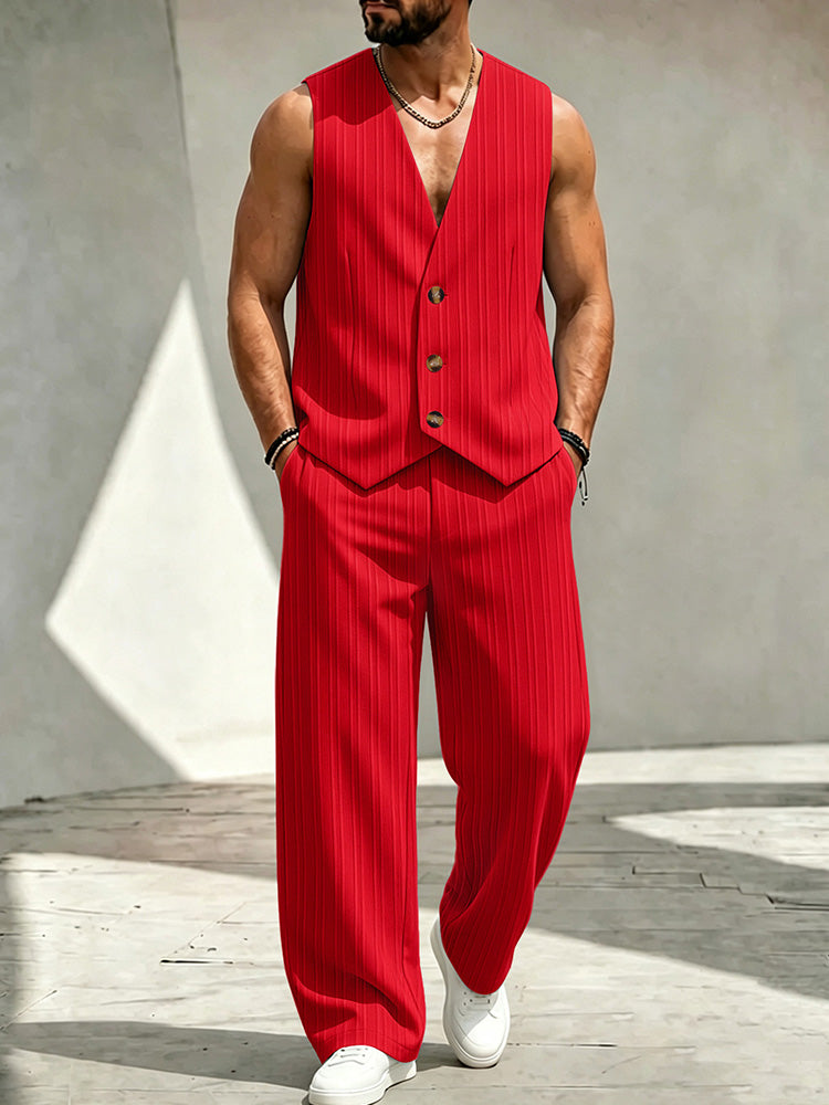 Men's V-Neck Three-Button Suit Vest Set - Red