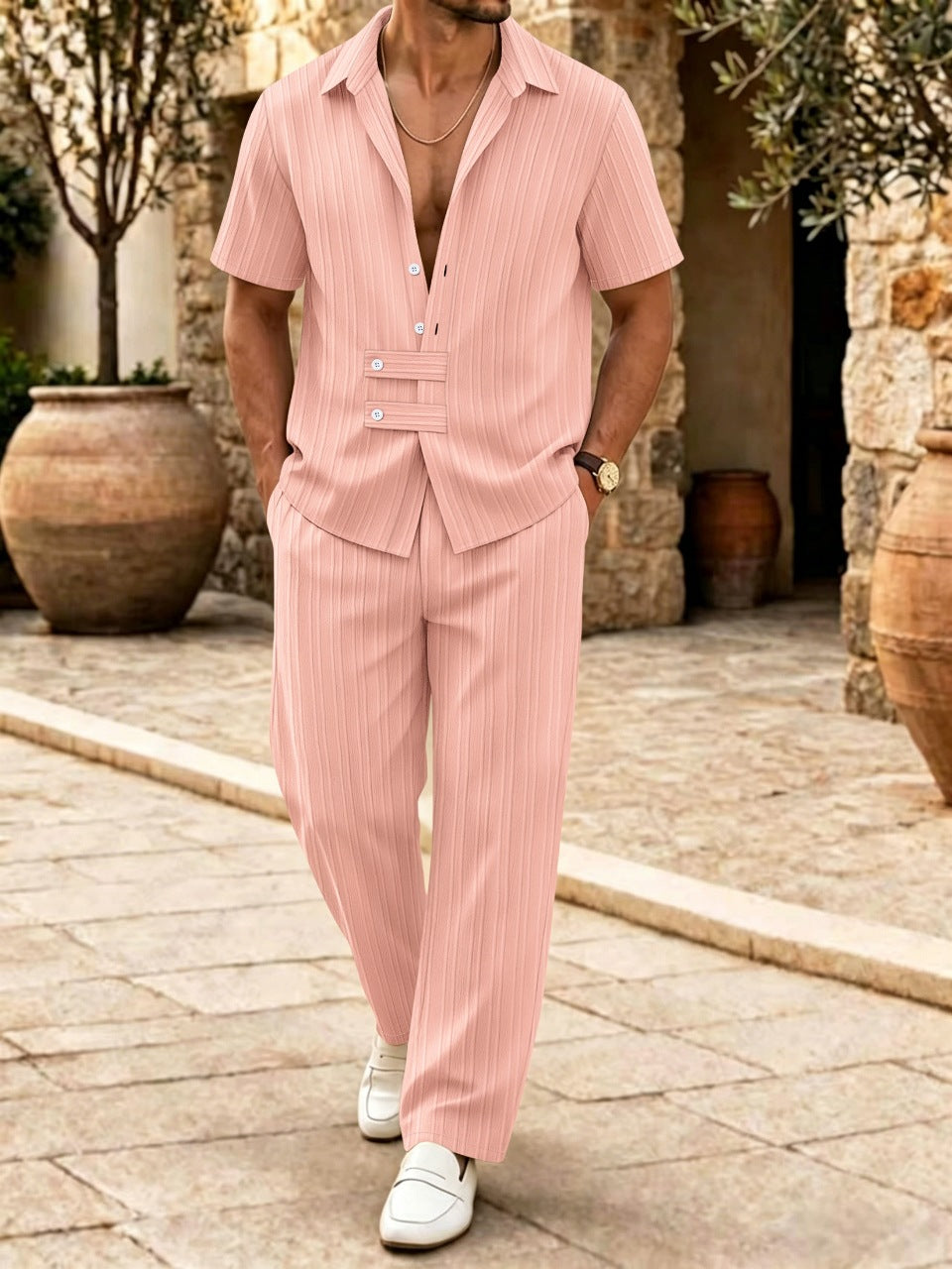 Striped Satin 2-Piece Shirt & Trousers Set - Pink