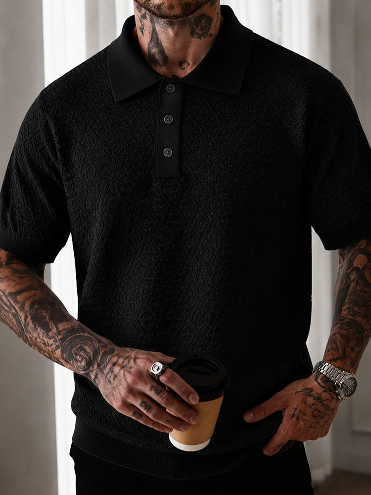 Button Diamond Pointelle Openwork Casual Business Tee - Black