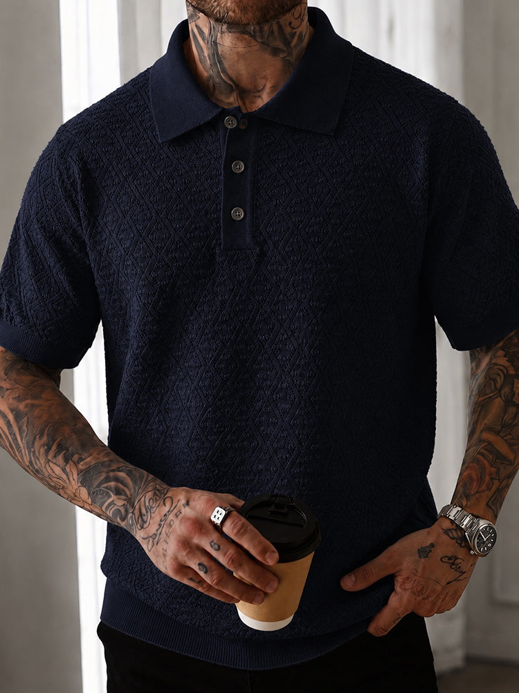 Button Diamond Pointelle Openwork Casual Business Tee - Royal blue