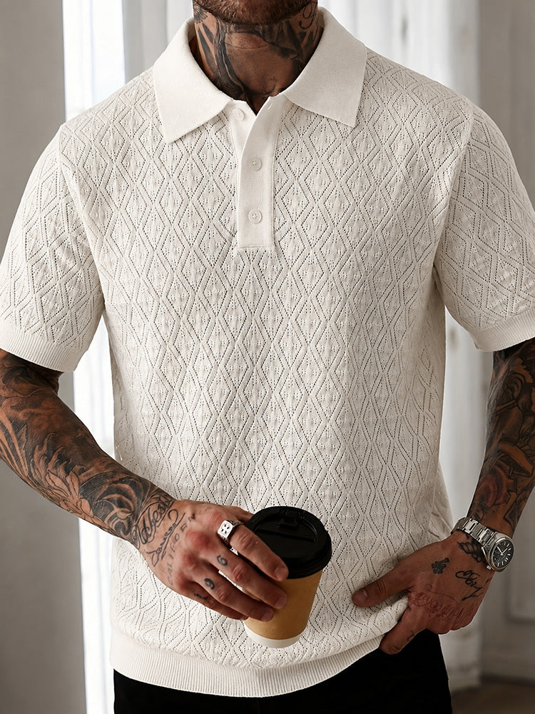 Button Diamond Pointelle Openwork Casual Business Tee - White