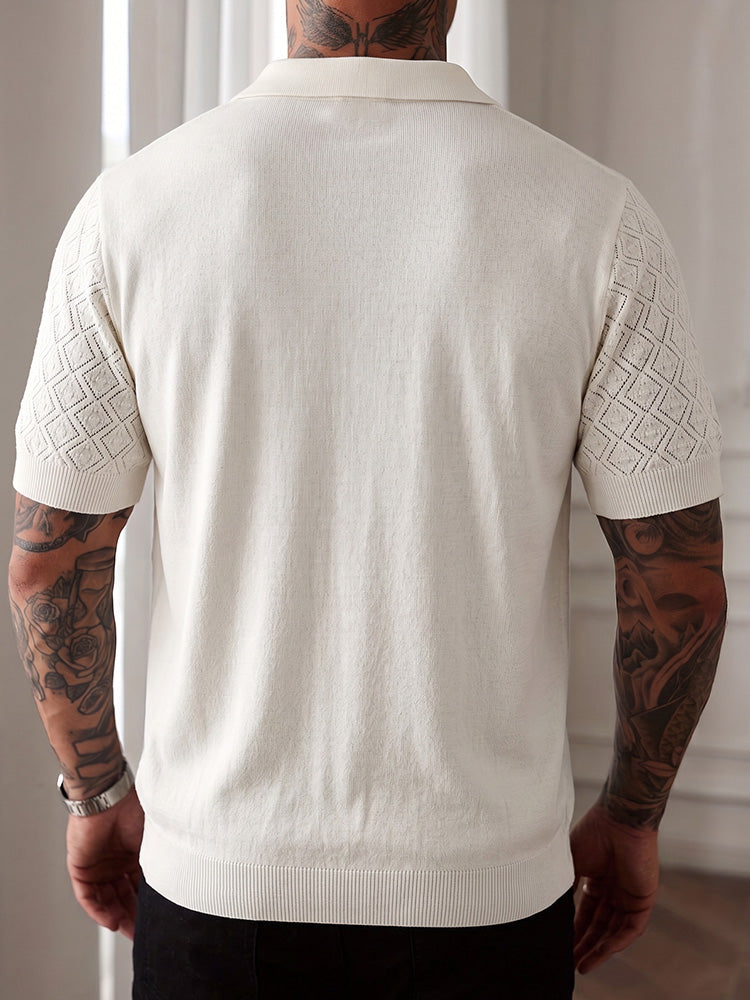 Button Diamond Pointelle Openwork Casual Business Tee - White