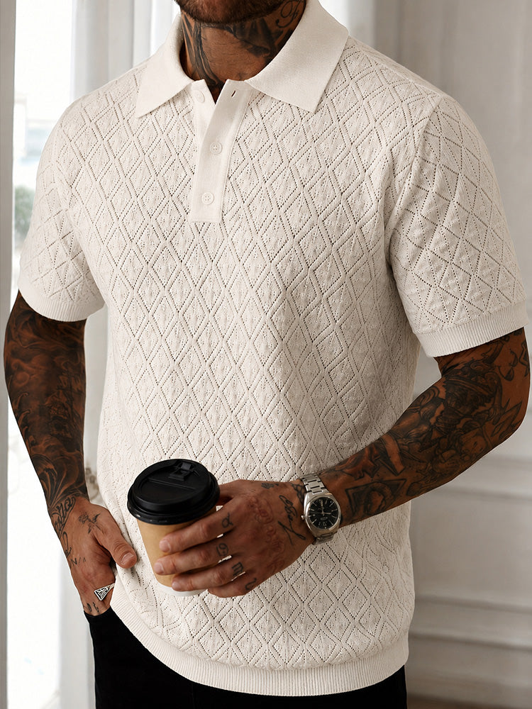 Button Diamond Pointelle Openwork Casual Business Tee - White