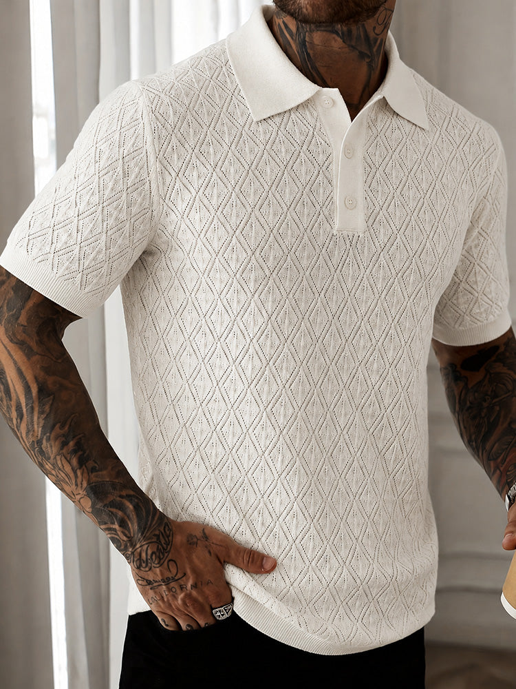 Button Diamond Pointelle Openwork Casual Business Tee - White