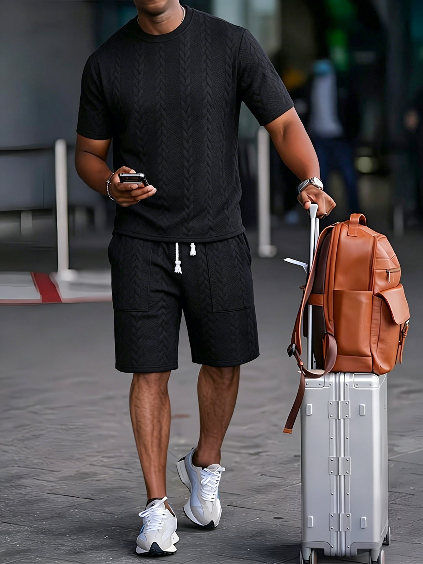 Drawstring Shorts Textured Casual Outfit - Black